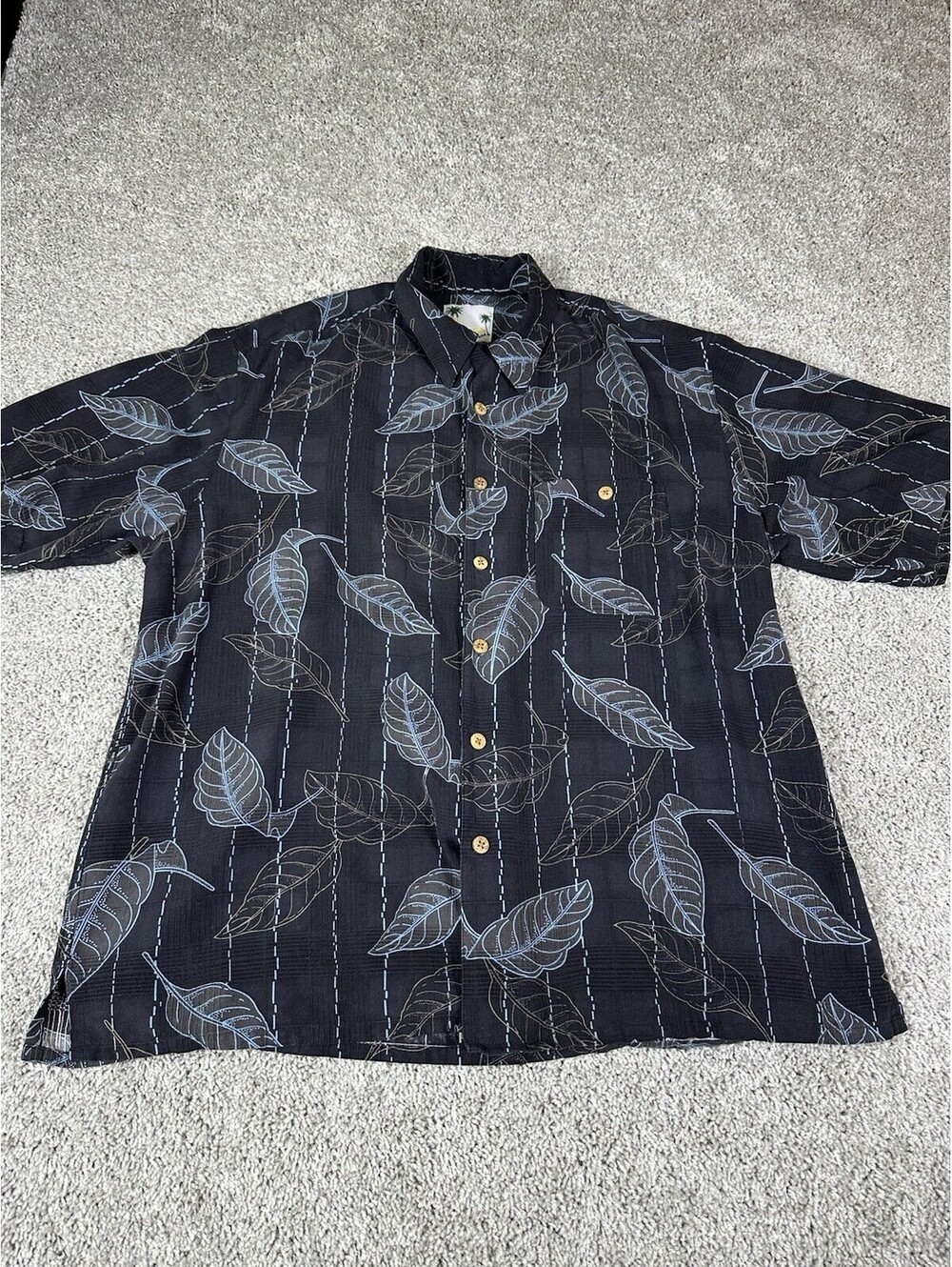 Banana Cabana 100% Silk Shirt Men's XL Black Brown Aqua Leaves Short Sleeve